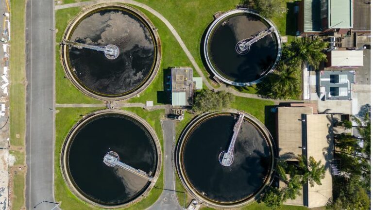 Aerial view of wastewater plant with lift stations that are serviced by Houston commercial plumber